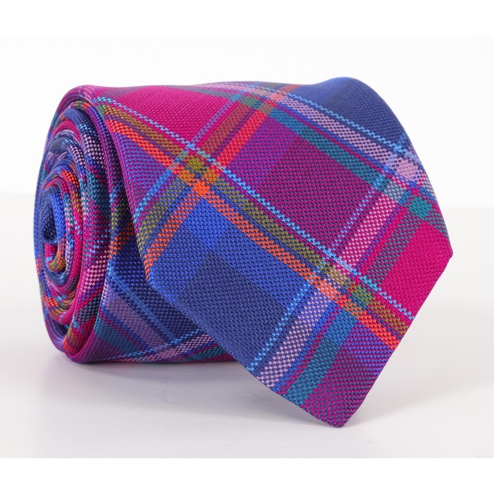 Charles Tyrwhitt Silk Necktie Tie Purple Blue Pink Plaid Long Handmade England